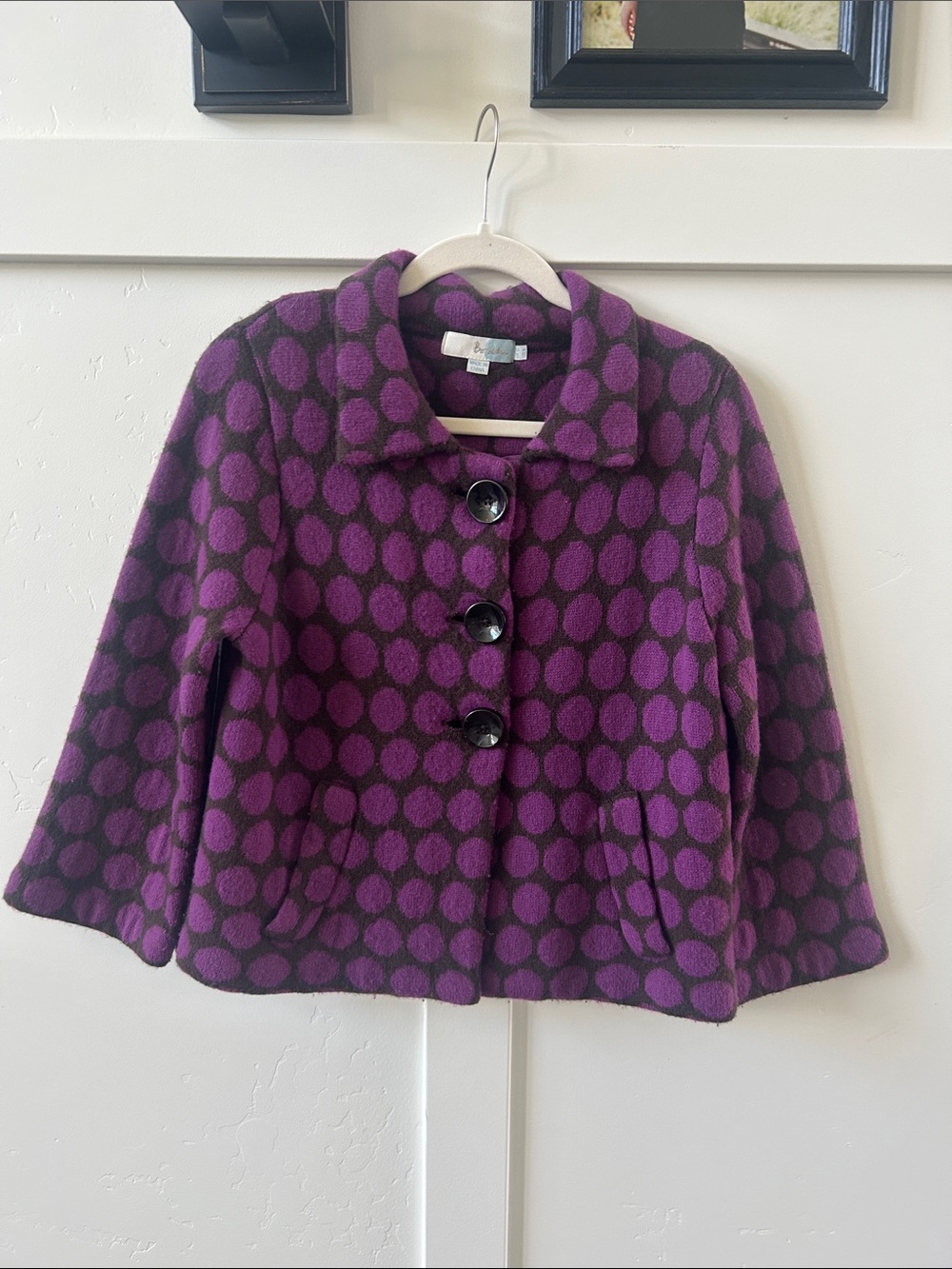Boden Purple and Black Polka-Dot Short Wool Sweater Jacket US8 UK12